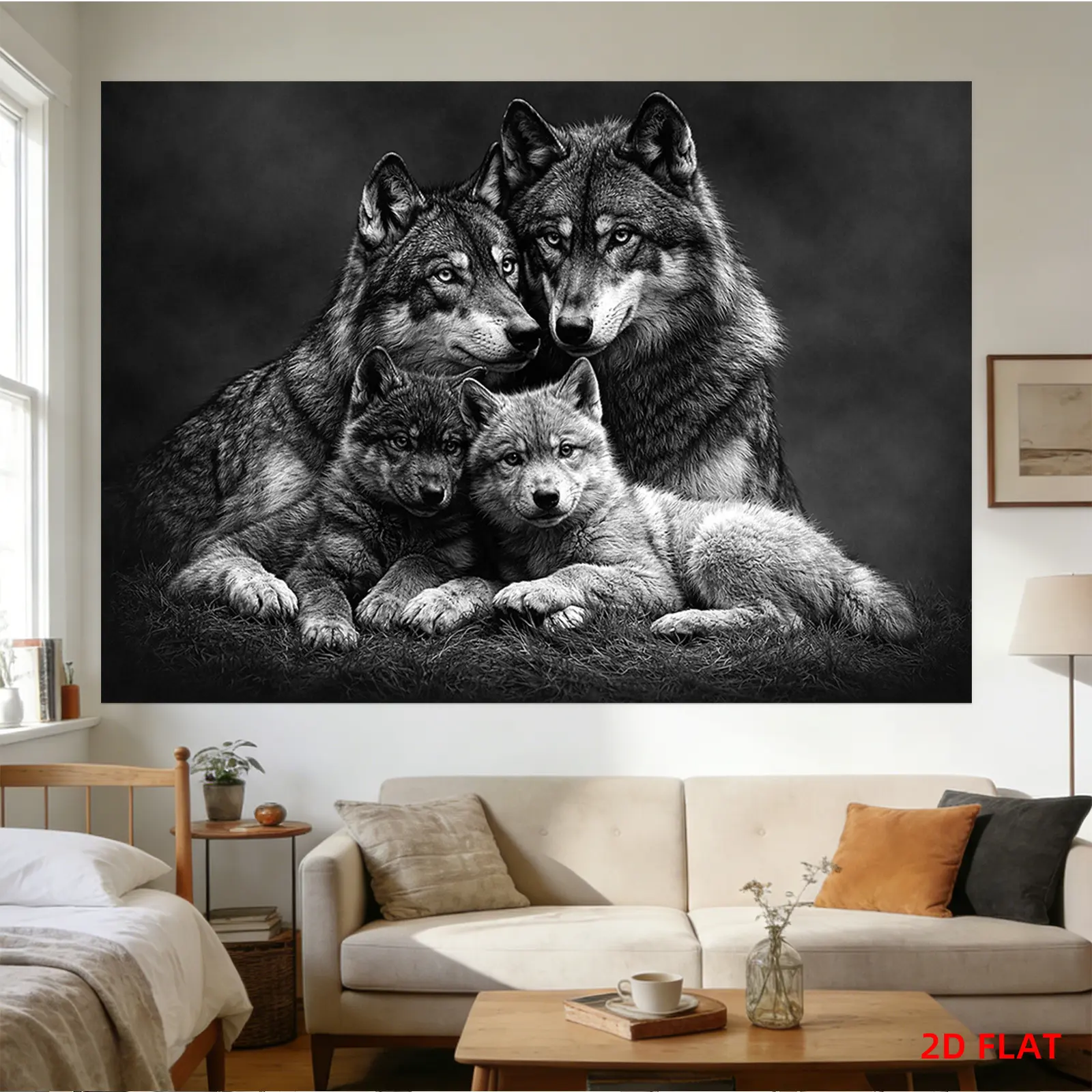 2D graphic print, 1 large patterned tapestry - wolf family, black and white color scheme, two wolves and two cubs, wolf pattern. Wall decoration for bedroom, living room, meditation area, office and party decoration, non-luminous. 2D graphic design