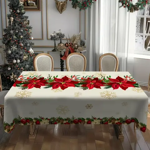 Red Gold Snowflake Christmas Poinsettia Polyester Round Tablecloth - Smooth Texture Party Decoration Supplies, Home Decor for Modern Homes & Restaurant Kitchens, Alcohol-Free Holiday Celebration Accessory