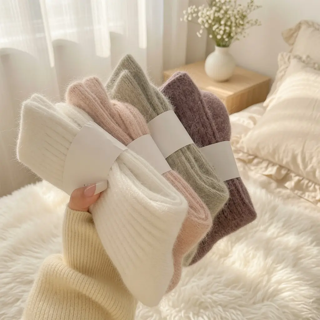 Women's Crew Socks, 4-Pair Solid Color Cashmere Wool Blend, Minimalist Harajuku-Inspired Thermal Knit, Comfortable Basic Casual for Everyday Wear, White+Purple+Pink+Gray, Thermal Insulation