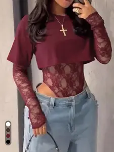 Elegant Lace Overlay Long Sleeve Top, Slim-Fitting Design, Perfect for Layering & Stylish, Ideal for Everyday Wear