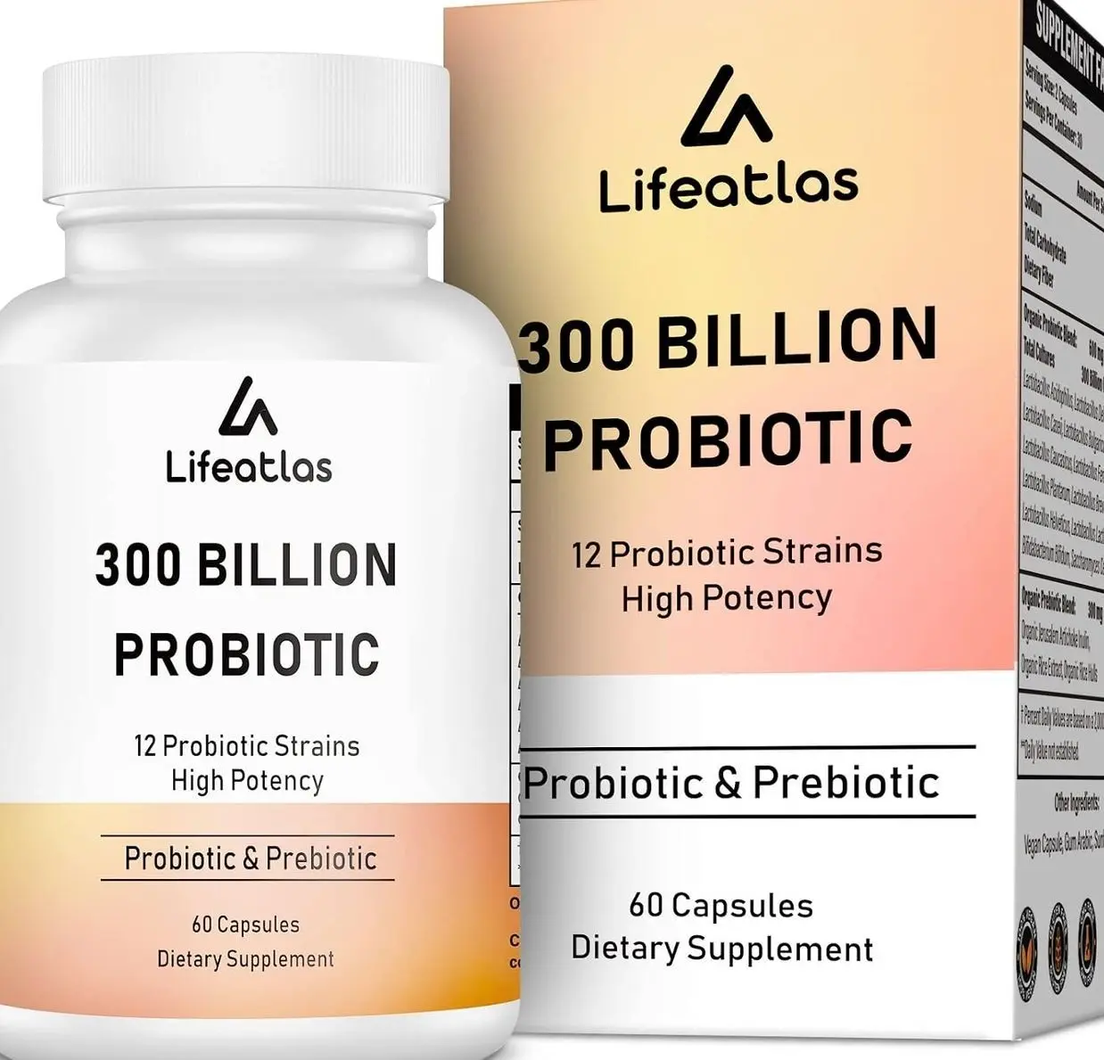 Lifeatlas 300 Billion CFU Probiotics - Probiotics for Women and Men, 12 Probiotic Strains Plus Prebiotic, for Immune & Digestive, Gut Health, Gas Bloating, Shelf Stable - 60 Caps