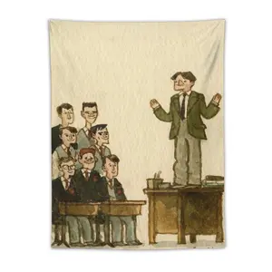 Teacher Standing on Desk Classroom Scene Tapestry Vintage Watercolor Art Wall Hanging for Classroom & Home Decor