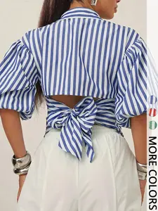 Women's Button Front Shirt with Puffy Sleeves, Back Bow Tie Design, Loose Fit, Business Casual Style, Perfect for Office Wear Valentine