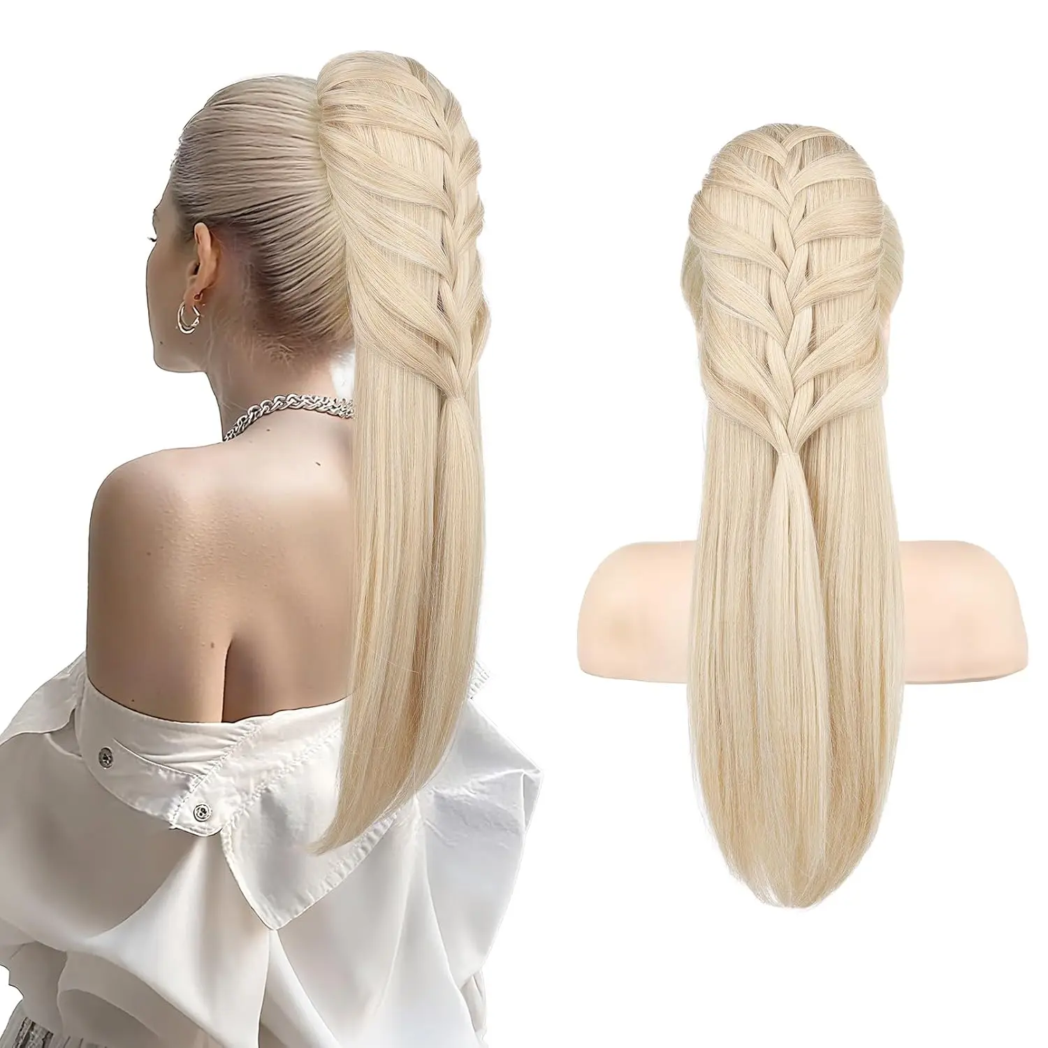 Ponytail Extension, 20 Inch Long Braid Drawstring Clip in  Ponytail Hair Extensions Synthetic Hairpiece for Women - Cool Light Blonde
