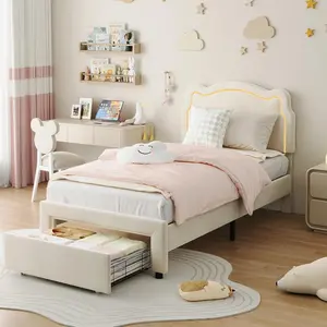 Twin Size Velvet Finish Smart LED Bedframe - Modern Upholstered Bed with Adjustable Lighted Headboard (with Storage), Storage Drawer, Wooden Slats Support, No Box Spring Needed, Beige Kids Platform Bed