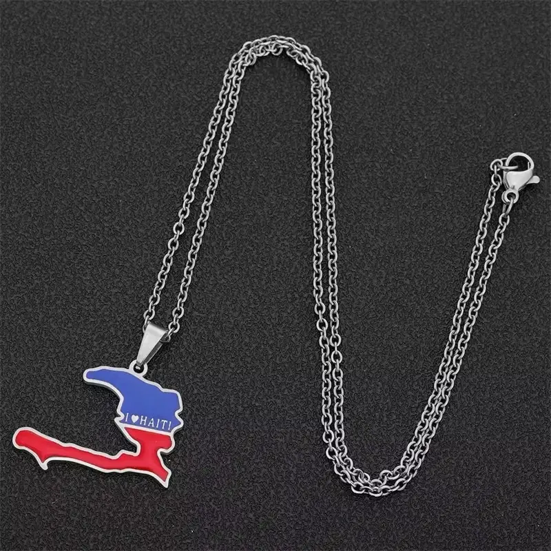 Haiti Map Pendant Necklace Red Blue and Silver Color Featuring I Love Haiti Design Ideal for Accessories and Gift Giving