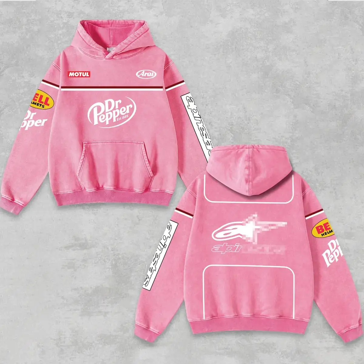 Retro Astars x Dr Pepper Racing Hoodie Acid Washed Pink, Motor World Championship Enthusiast, Motorcycle Off-Road Dirt Bike Graphic Streetwear, Heavyweight Biker Sweatshirt, Retro Moto Gear Motorbike Apparel Women’s Grunge Y2K Racing Jacket Style
