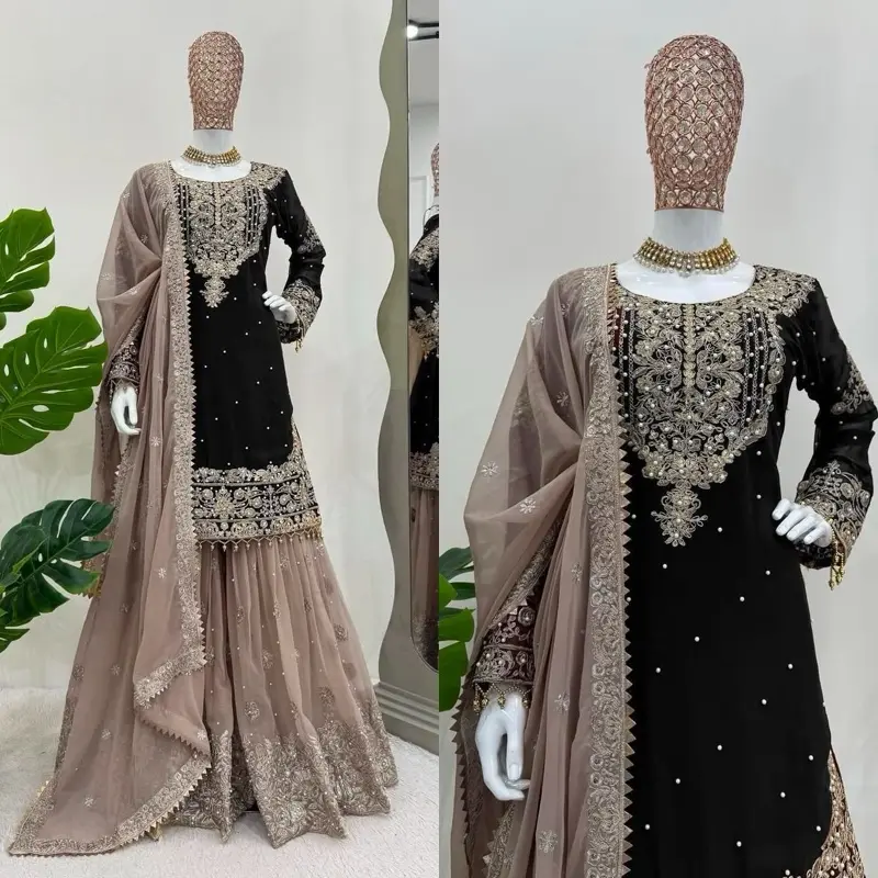 Indian Women's Attire - Green Dress with Dupatta & Embroidered Detail, Casual & Womenswear, Model with Headpiece, Elegant Design for Everyday Wear