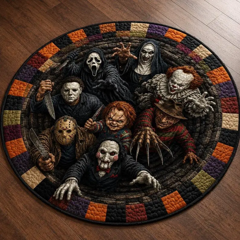 3D Halloween Abyss Round Area Rug Spooky Horror Slasher Creepy Clown Masked Killer Carpet Non-Slip Plush Gothic Home Decor Man Cave Gamer Room Holiday Gift