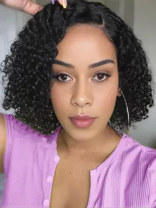 Jerry Curly Bob Wig Side Part Short Curly Human Hair Wigs for Women Curl C-Part Lace Front Wigs 100% Brazilian Remy Human Hair Wear and Go Glueless Wig 180% Density