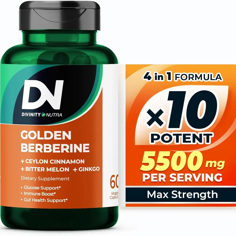 DN 4-in-1 Golden Berberine Supplement with Ceylon Cinnamon Bitter Melon Ginkgo 1500mg, Glucose Support, Support Gut Health, Metabolism, Wellness, Divinity Nutra