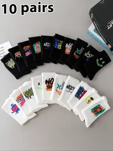 10 Pairs Teen Boys' Graffiti Style Casual Mid-Calf Socks, Breathable Moisture-Wicking Summer Socks, Unisex Streetwear, Daily Wear, Back-To-School, Casual Stylish Socks