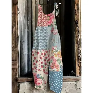 Floral Print Overalls for Women - Stylish Polyester Blend Jumpsuit with Lace-Up Detail, Sleeveless Design for Vacation, Casual Outings & Spring/Summer Wear, Vacation Overalls | Vibrant Floral Print | Lace Trim Detail, Jumpsuit Jumpsuit