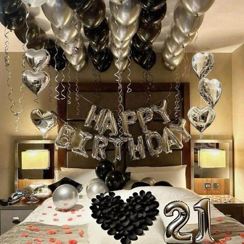 1050pcs Black Silver Party Balloons Decorations Silver Happy Birthday Banner Chrome Latex Heart Shape Foil 1000pcs Black Rose Petals for Birthday Wedding Baby Shower Anniversary Perfect Kit for All Occasions happy birthday roomdecor fake flower petal Gold