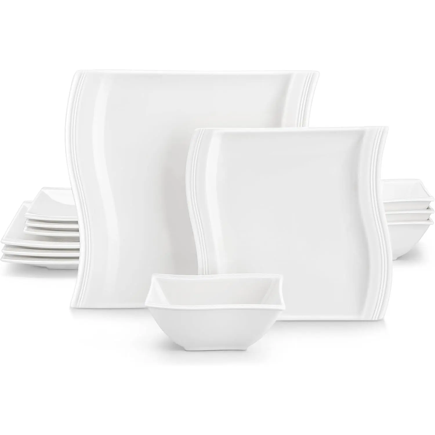 Glossy Stylish Ceramic Square Flora Tableware Set - 12-Piece White Dinnerware with Dinner Plates, Dessert Plates, and Dishes, Bowls