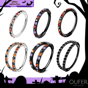 OUFER Body Jewelry Unisex 20G Stainless Steel Rhinestones CZ Hinged Nose Hoop Ring - 5mm-12mm Inner Diameter Multi-Size, Black Purple Pink Green Blue, Holiday Trick or Treat Theme for Nose Piercing, Nose Rings