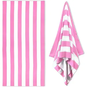 Large Oversized Beach Towel - Fluffy 31.5 x 71 Inch Plush Microfiber Pool Towel, Pink Striped Quick Dry Cabana Swim Towel