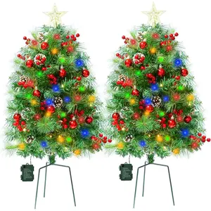 2 Pack 32 Inch Outdoor Porch Christmas Tree with 50 Lights in Warm White and Multicolor, Prelit Artificial Christmas Tree Urn Filler with PVC&PET Branches for Pathway Entryway Decorations