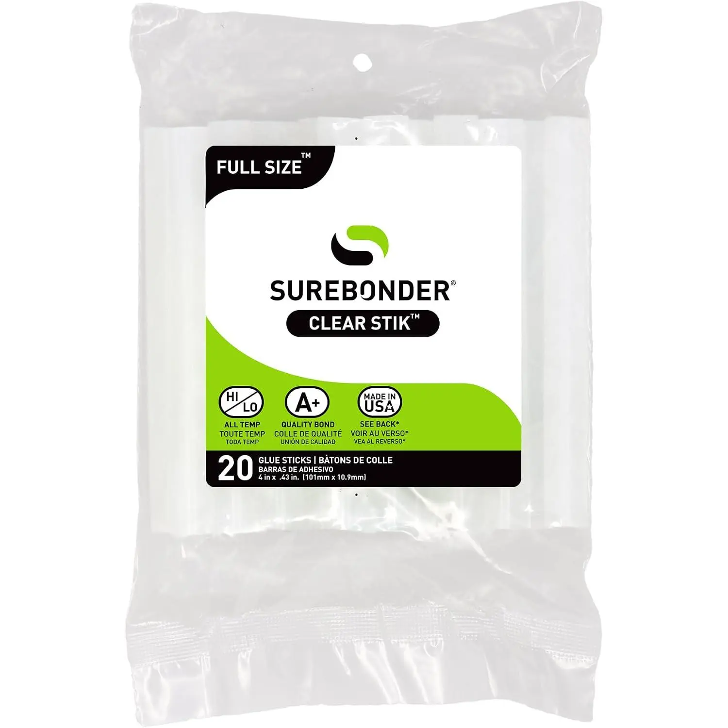Surebonder Full-Size Hot Glue Sticks for Craft, DIY, and Repairs, All Purpose, All Temperature - 4-Inch Length - 20 Pack, Clear