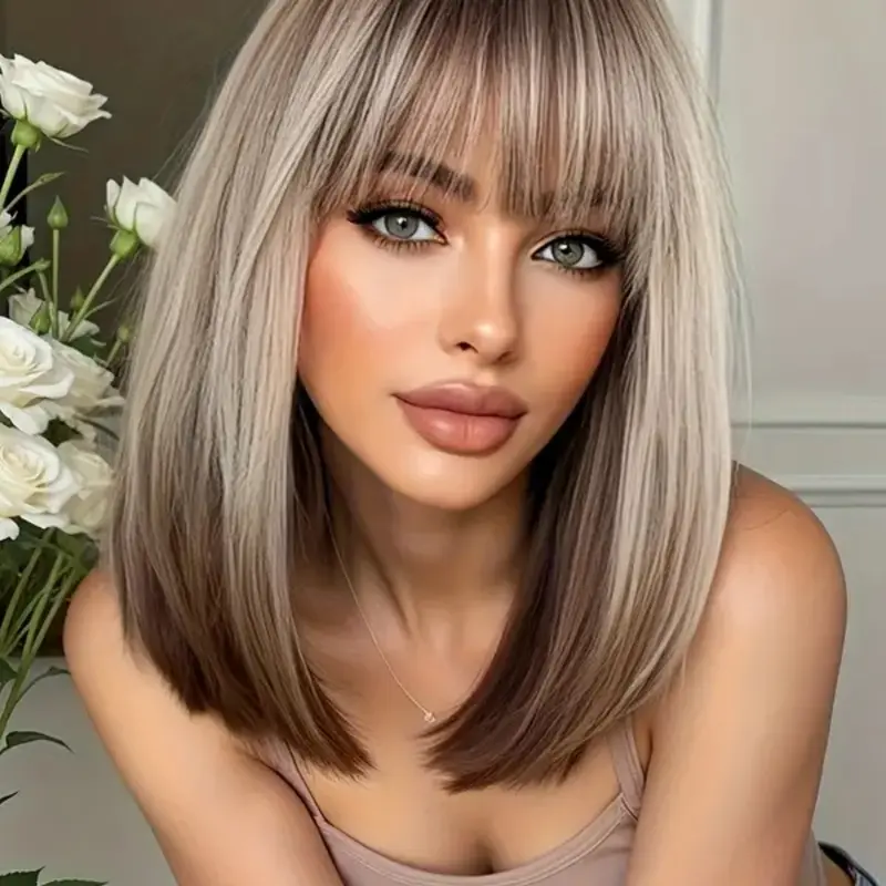 14 Inch Gradient Wig with Bangs, Shoulder-Length Straight Hair, Heat Resistant Rose Net, Natural Soft Breathable Fabric, Synthetic Material Wig, Heat Resistant Wigs, Heat Friendly Wig, Synthetic Fiber Wig
