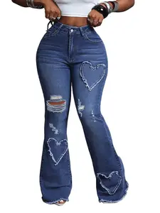 Women's Plain High Waist Zipper Fly Flare Leg Jeans, Casual Pocket Button Design Bell Bottom Denim Trousers for Daily Wear, Ladies Bottoms for All Seasons