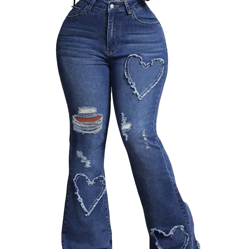 Women's Basic Plain Elastic High Waist Zipper Fly Flare Leg Jeans Pants Streetwear, Casual Pocket Button Design Bell Bottom Denim High Rise Trousers for Daily Wear, Ladies Bottoms Fit for All Seasons, Elastic Fitted Jeans