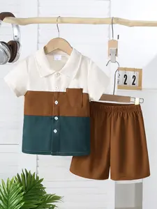 Summer Boys' Solid Color Waffle Stitching Pocket Decorated Collar Polo Short Sleeve Shirt + Solid Color Waffle Shorts Casual Set Two-Piece Set