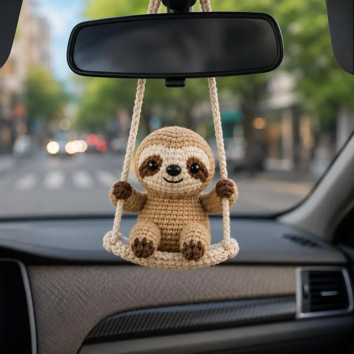 Crochet Sloth Car Hanging Ornament, Handmade Sloth Amigurumi Swing Doll, Cute Rearview Mirror Hanging Charm, Kawaii Car Decor Gift