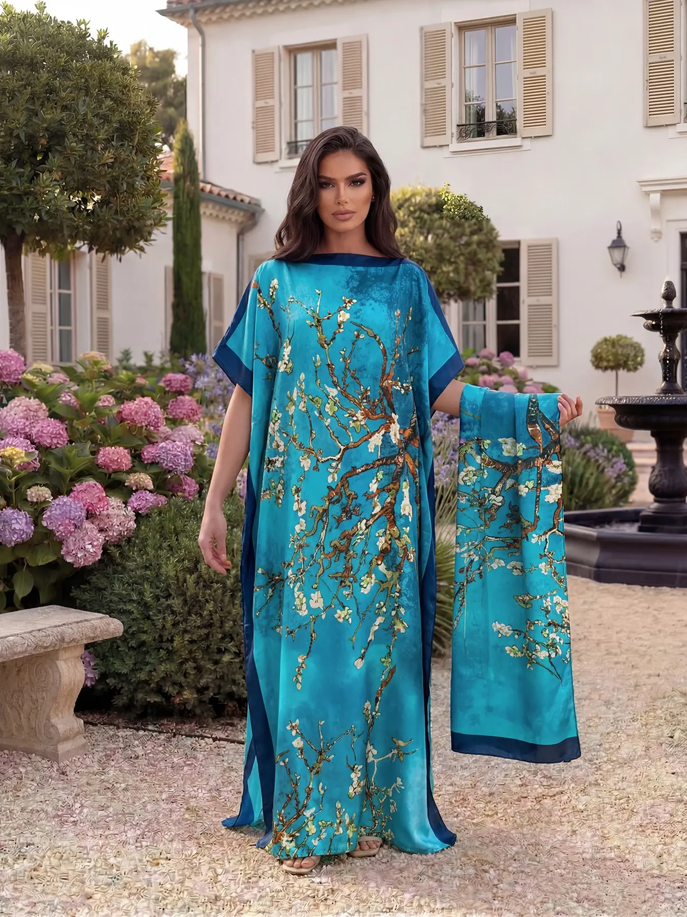 Elegant Fashion Plant Floral Robe Set, Moimmo Long Dress + Headscarf Scarf Hairband, Women's Fit Beach Outdoor Sun Protection Satin Scarf, Chic, Casual