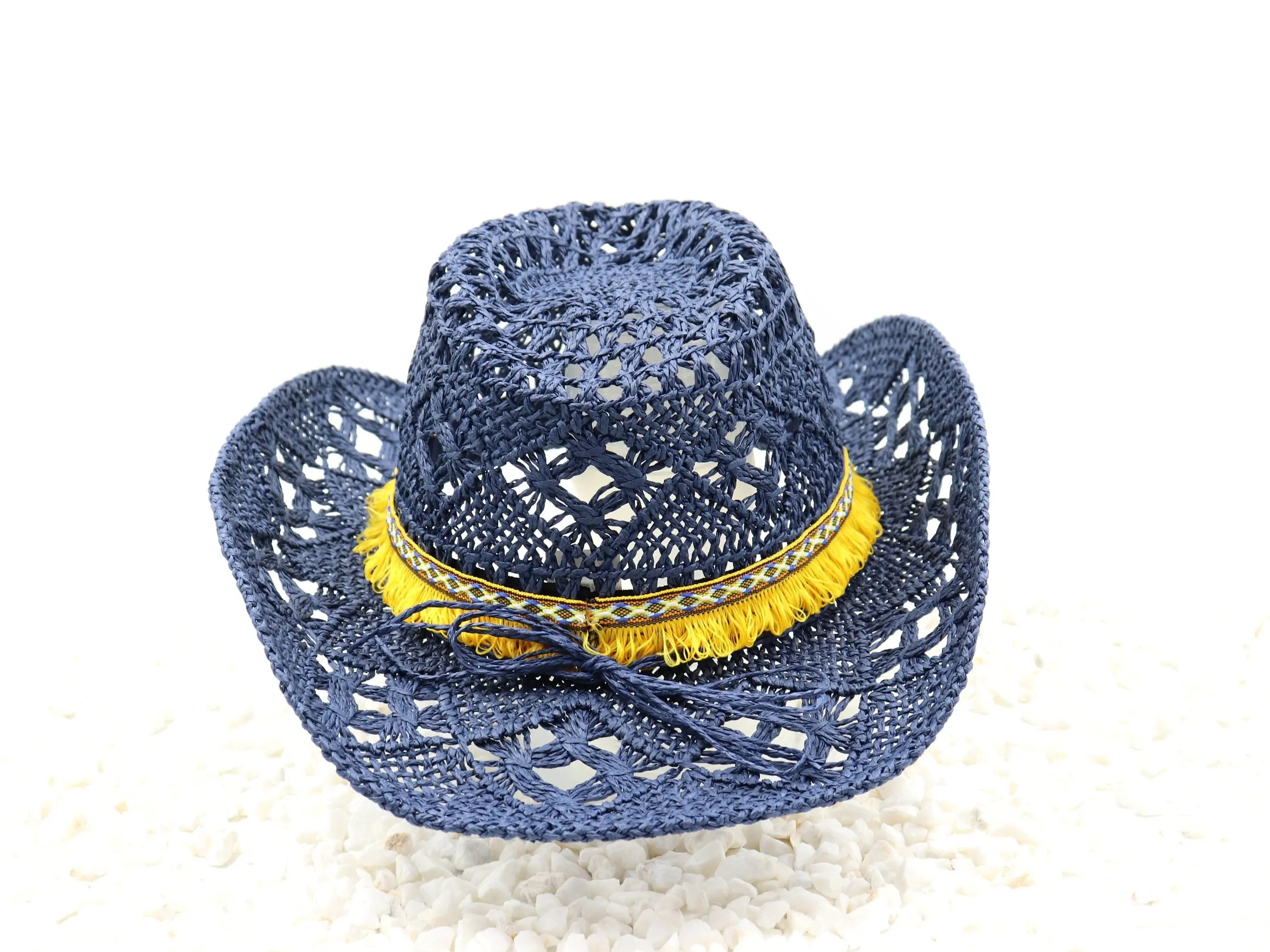 Aztec Boho Ruffle Trim Navy Blue Purple Cowboy Hat - Beach hat Shapeable 100% Cotton Straw Outdoor Breathable Gardening Hat Sturdy Box