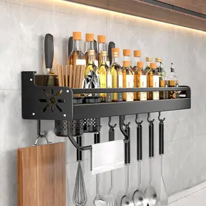 Multipurpose Kitchen Organizer: Contemporary Wall-Mounted Spice Rack and Utensil Holder with Storage Hooks, Metal Organiser Hook, Wall Mounted Shelf - Save Space with Style
