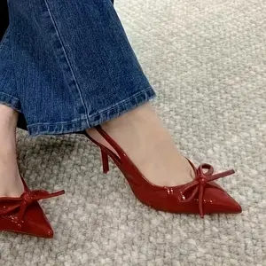 LISM Women's Red Pointed-Toe Stiletto Sandals with Bow Detail - Elegant Slip-On High Heels, PU Cover Upper & Rubber Sole, Perfect for Formal or Professional Wear, Stiletto Heels