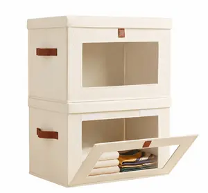 【SUHOPE】Summer Super Deal Large Closet Storage Organizer - Clothes Storage Bins with Handles & Window, Collapsible Decorative Boxes with Lids, Fabric Containers for Living Room, Dorm, 2 Pack, Beige