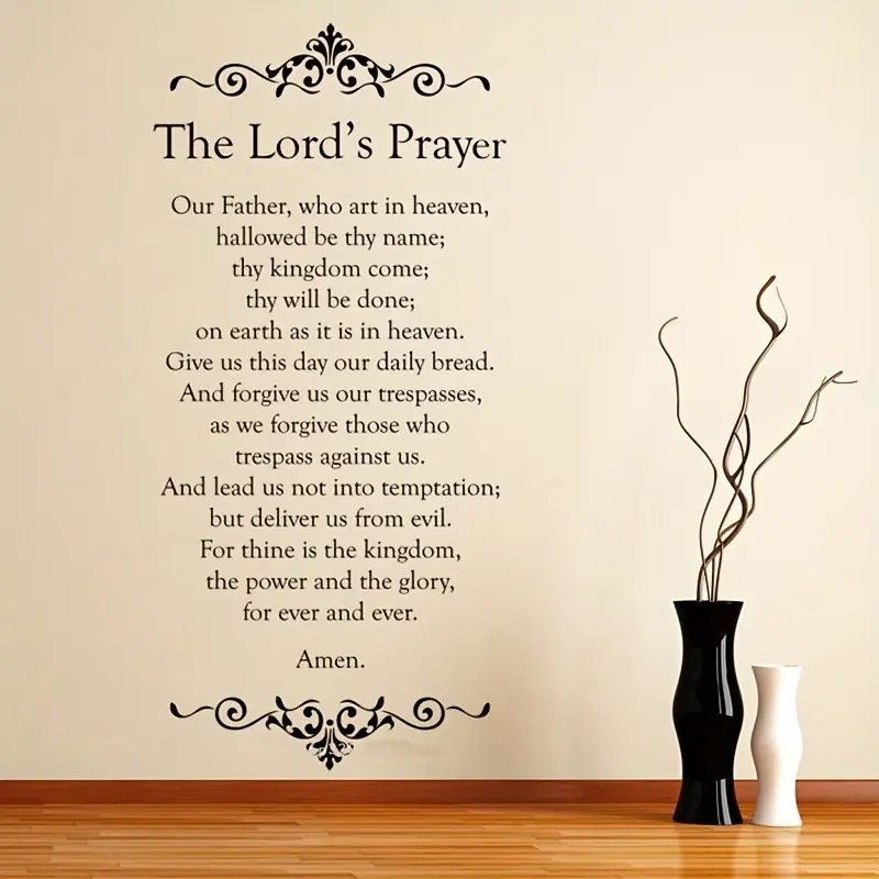 1PC Lord's Prayer black and white Christian wall stickers with floral designs, self-adhesive PVC stickers, Adhesive Decals, suitable for bedroom, living room, office decoration, floral wall art, decorative text, Lord's Prayer, Flowers, Ornaments