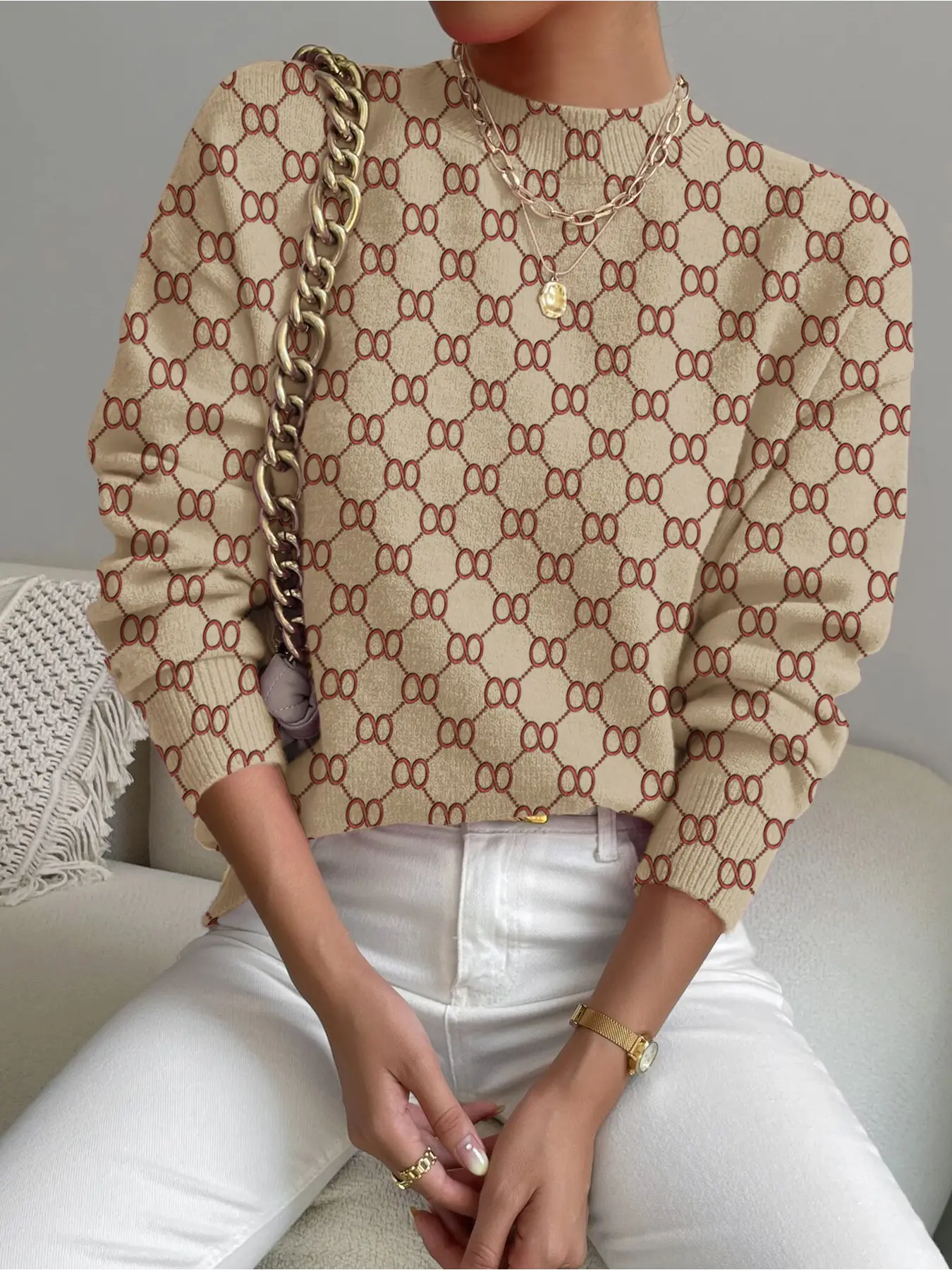 Women's Geometric Print Stand Collar Fitted Short Sweater Top, Casual Long Sleeve Knitwear Knitting for Fall Winter, Comfortable Warm Chic Daily Wear Womenswear