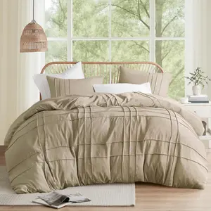 Khaki Cal King Size Comforter - 3 Pintuck Pleated Sets, Lightweight, Extra Softness Pre-Washed Microfiber Cal King, Shams, Cal King