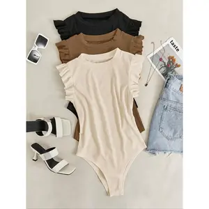 Women’s solid bodysuit with butterfly sleeves and a buttoned crotch; casual cap-sleeve round-neck summer bodysuit; ladies’ clothing for everyday wear