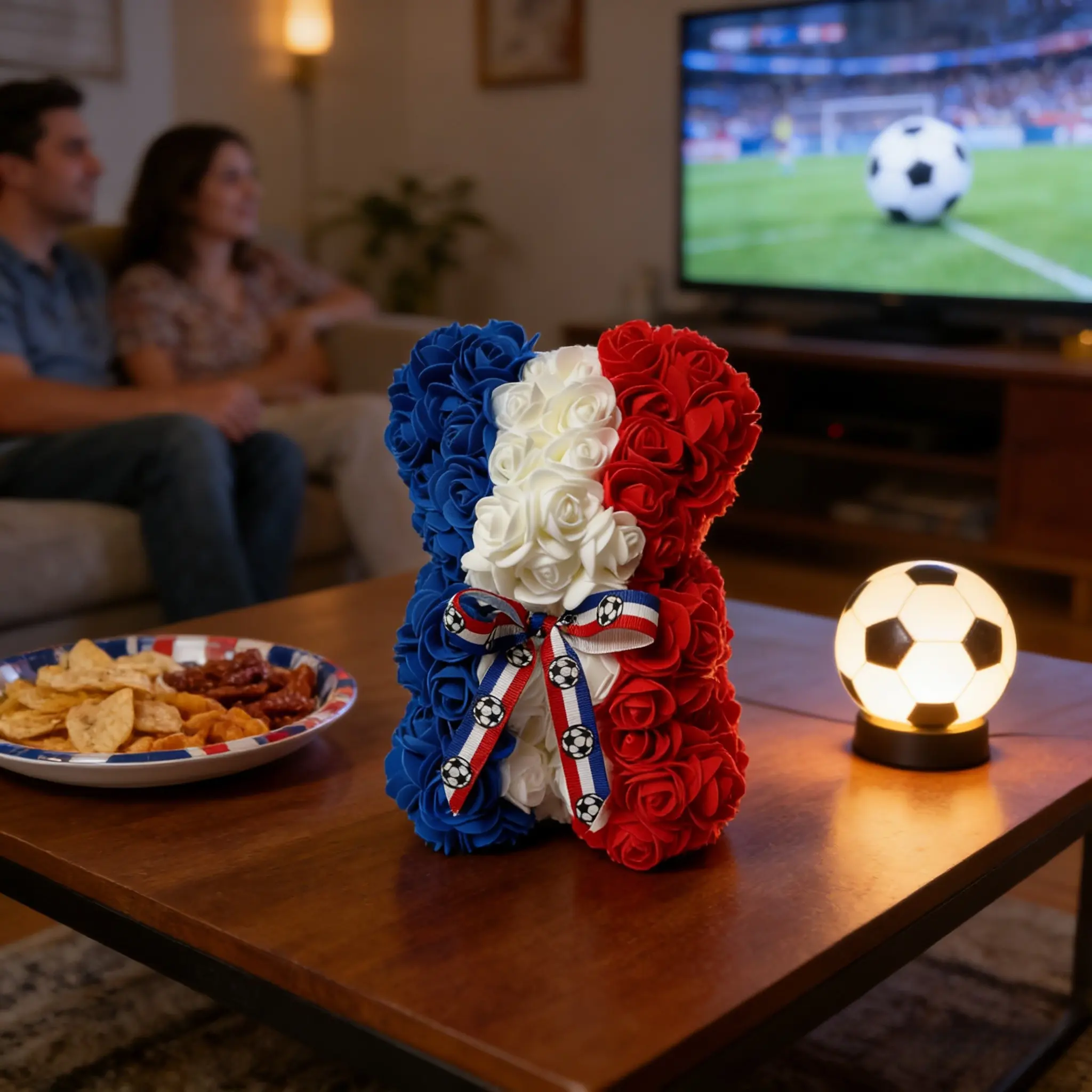 Eternal Rose Bear French Flag Teddy Bear, Blue Football Ribbon, Perfect Gift for French Fans, Soccer Party Decoration