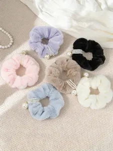 6pcs Autumn Winter Cute Pearl Pendant Plush Hair Ties, Fashion Basic Versatile Back Head Tie Rubber Bands, Elastic Hair Accessory, Daily and Casual Party Accessories, Scrunchies For Hair