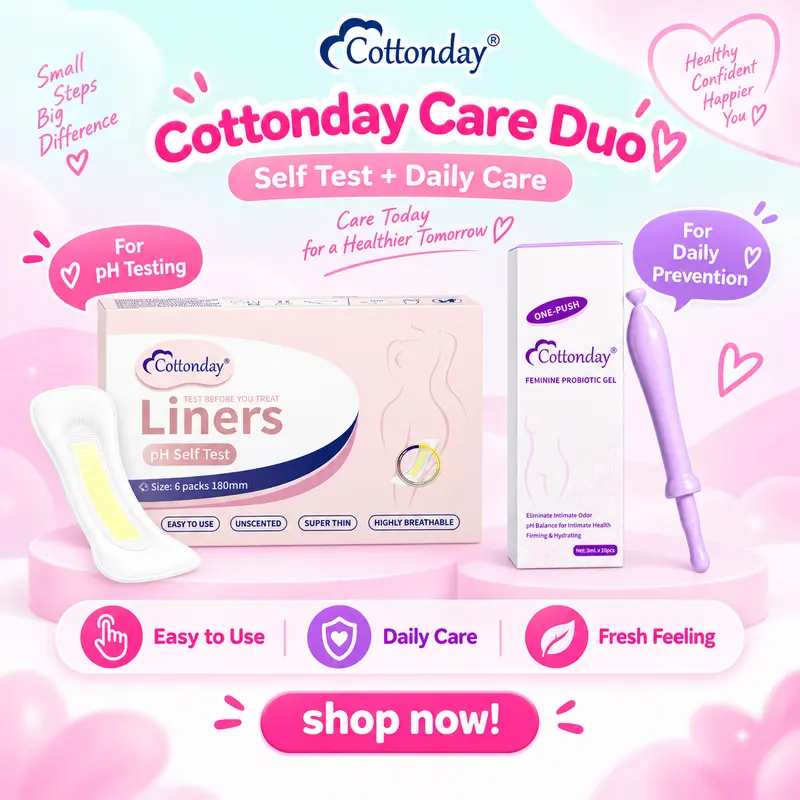 Cottonday pH Test & Probiotic Gel Combo - Unscented Soft Cotton Disposable Pantyliners (18cm, 6 Pcs), Feminine Probiotic Gel (3ml x3) for Adult Feminine Items, All Skin Types, Antibacterial Intimate Care