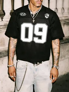 Men's Breathable Mesh American Football T-Shirt, 09 Number Print, V-Neck Short Sleeve, Loose Fit, Summer Streetwear Top
