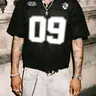 Men's Breathable 09 Number Print V-Neck Short Sleeve Mesh American Football T-Shirt, Loose Fit Summer Streetwear, Casual Sport Top, Sports Tops