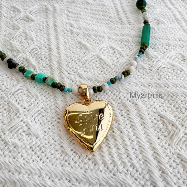 Non-Natural Crystal Beaded Golden Heart Necklace - Tarnish-Resistant Stainless Steel Pendant with "Love You" Message, Retro Fashionable Jewelry Accessories for Girl, Female Birthday 520 Valentine's Gift, Beaded Necklace, Exquisite Chain, Exquisite Chain J
