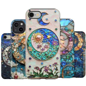 Stained Glass Celestial Tough Phone Case Shockproof, Moon And Sun Starry Night Sky, Celestial Blossom Designs, Heavy Duty Drop Protection for iPhone 11 12 13 14 15 16 17 Pro Max Plus