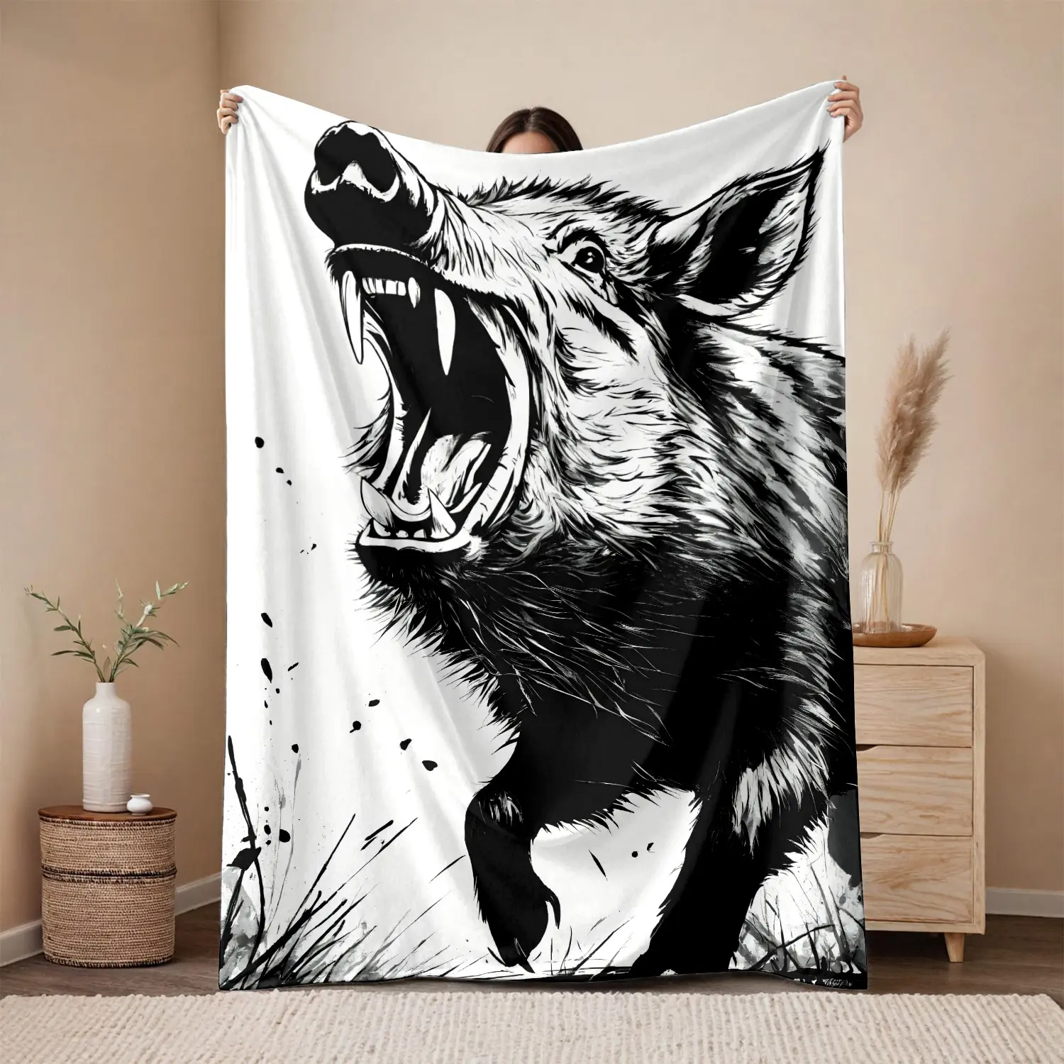 1pc 280gsm Home Wild Boar, Tusk, Roaring Flannel Blanket, Machine Washable, Suitable for Sofa Bed Car Camping Office Home Decor, Multi-purpose Gift Blanket, Suitable for All Seasons
