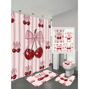 1/4pcs Pink Bow & Cherry Pattern Bathroom Curtain Set, Modern Style Home Decor Printed, Washable, Fashionable Theme, Suitable For All Seasons, Easy Installation - Includes 12 Hooks For Bathroom, Guest Room, Bedroom, Living Room