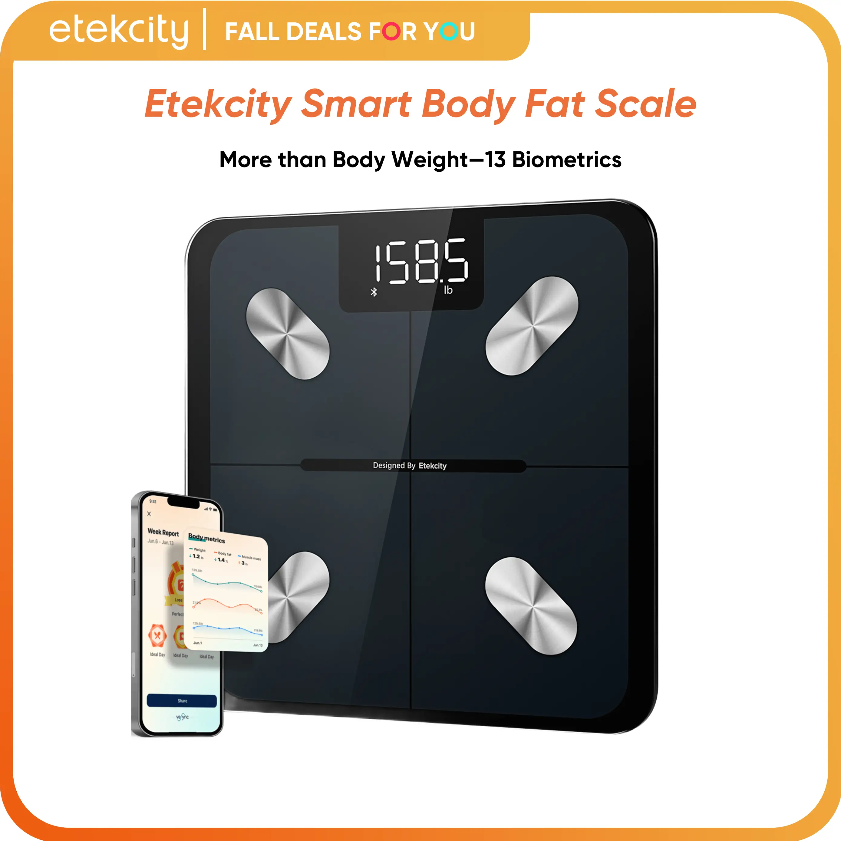 Etekcity Body Scale for Weight, Bathroom Digital Weighing Scale with BMI, Body Fat, Muscle Mass, Accurate Bluetooth Home User Health Equipment FallFre