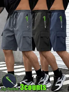 Men’s cargo athletic shorts, 3-pack — zippered pockets, drawstring waist, durable polyester fabric, suitable for outdoor activities, work, jogging, and all seasons casual sport solid color work short loose breathable fit lightweight men waist short, Athle
