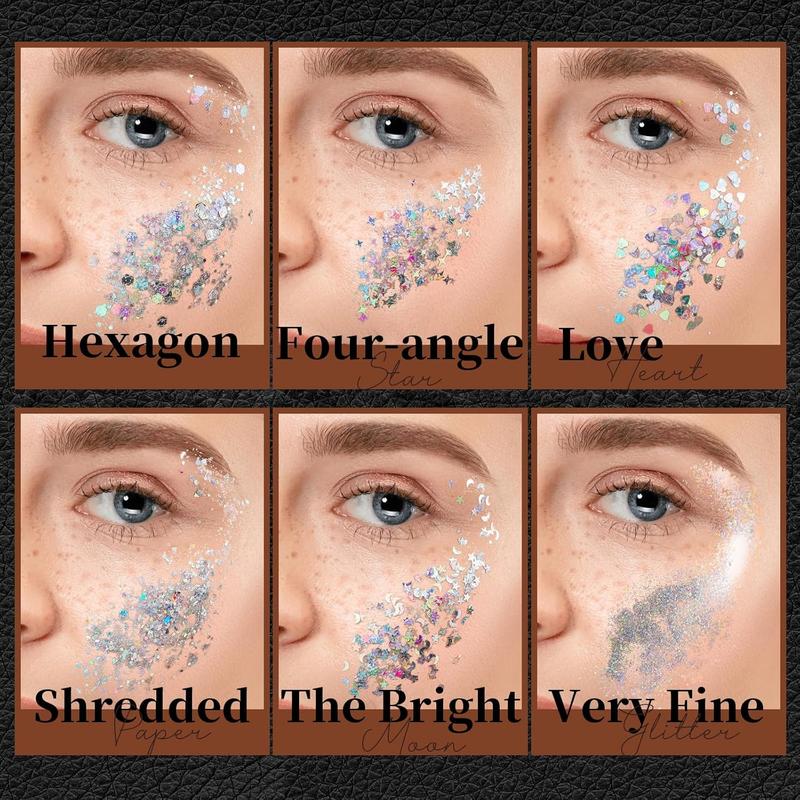 Body Glitter Face Glitter Makeup Festival Glitter, Body Glitter Gel, Hair Glitter Gel, 6 Shapes Rave Glitter, Mermaid Sequins Makeup Glitters Face Paint, Chunky Sparkling Glitter Gel for Women