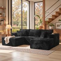 Black Plush Corduroy Left Chaise